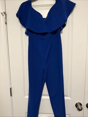 Royal Blue Ruffle Off-Shoulder Jumpsuit